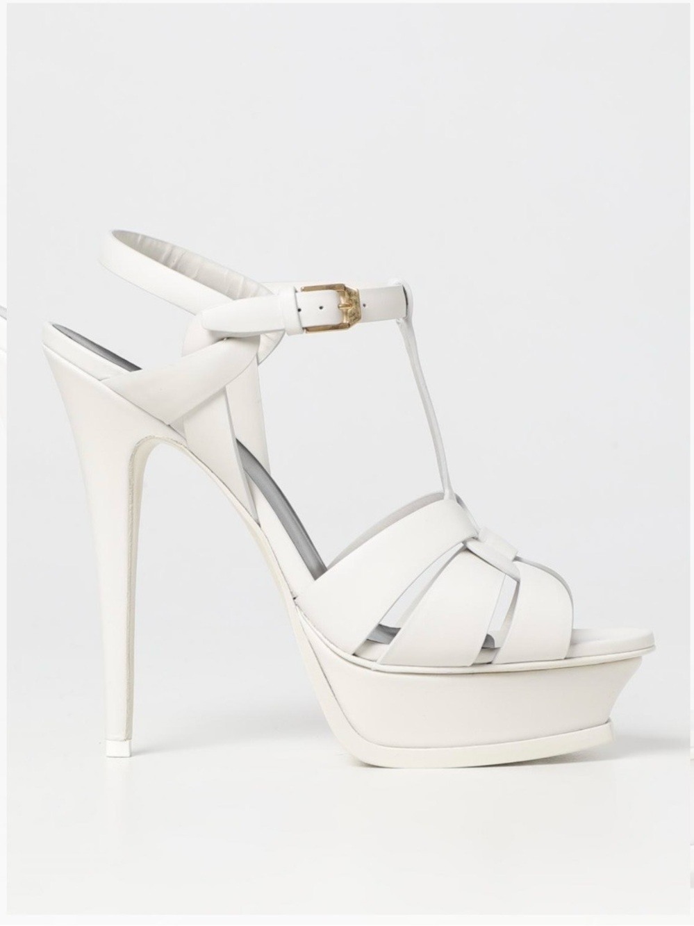 Yves Saint Laurent Women's Tribute White Leather T-Strap Platform Sandals